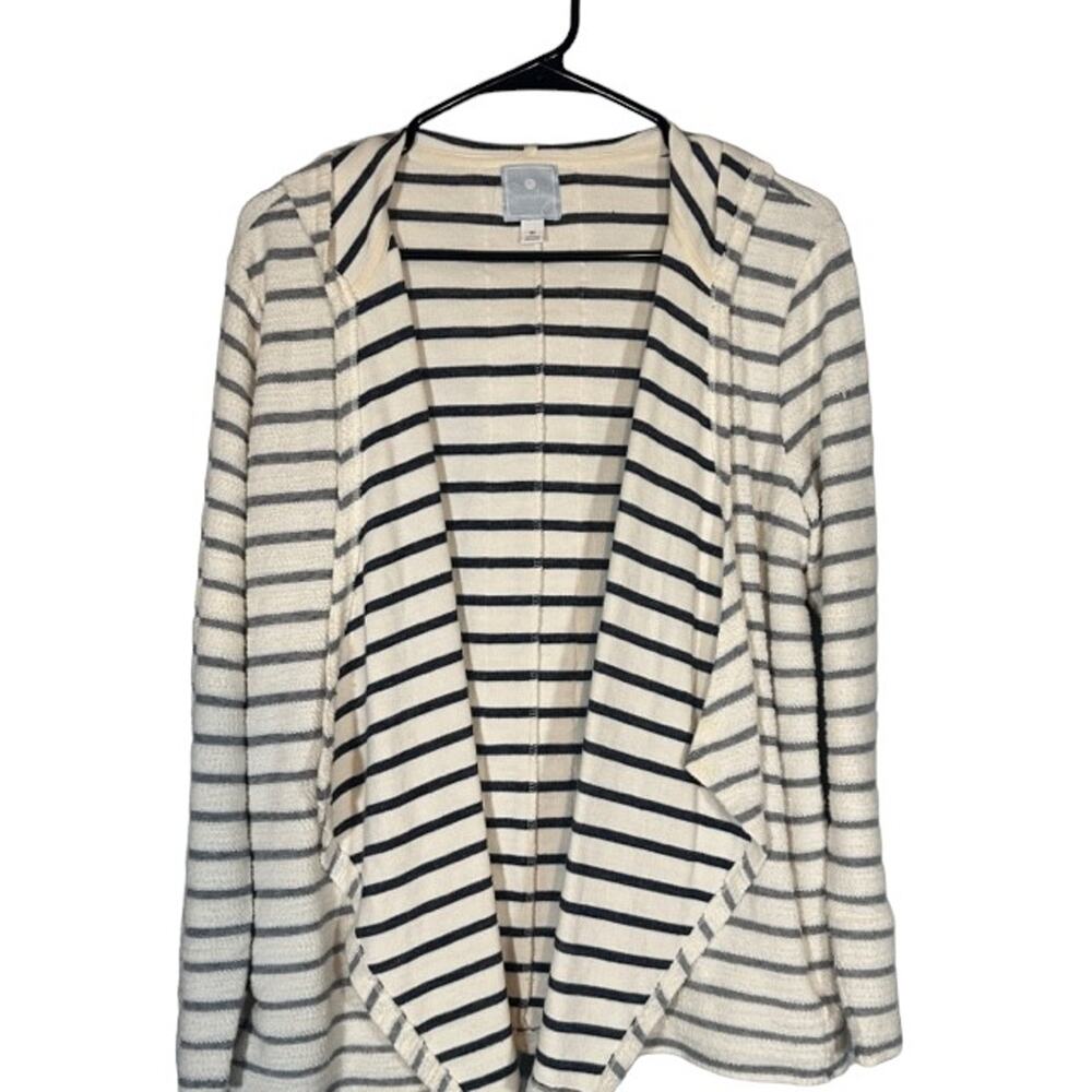 Sunday White Striped Lace Detail Hooded Knit Open Front Cardigan Women Sz M